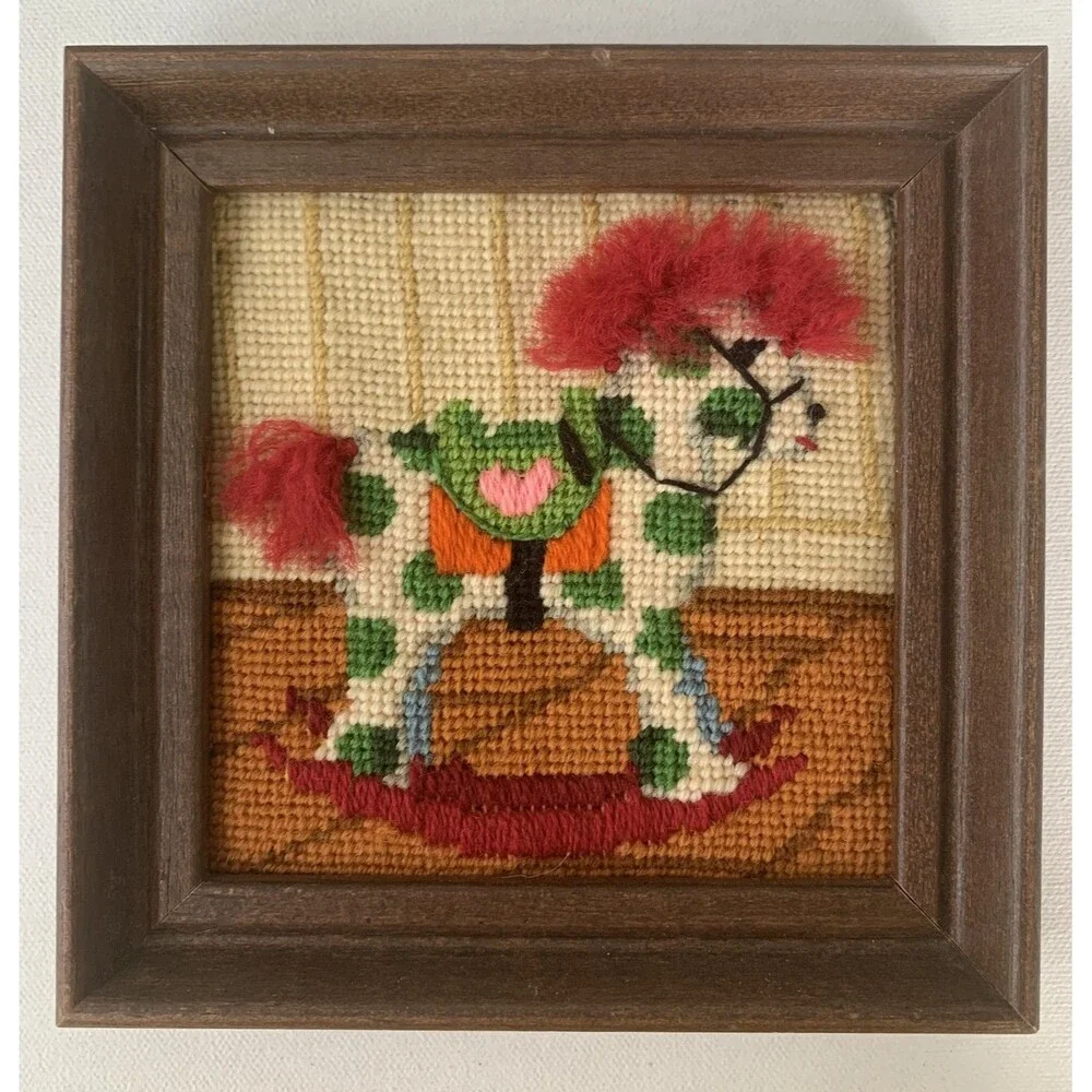 Vintage  Framed Needlepoint Rocking Horse Baby Decor Nursery Child 6.25” X 6.25”